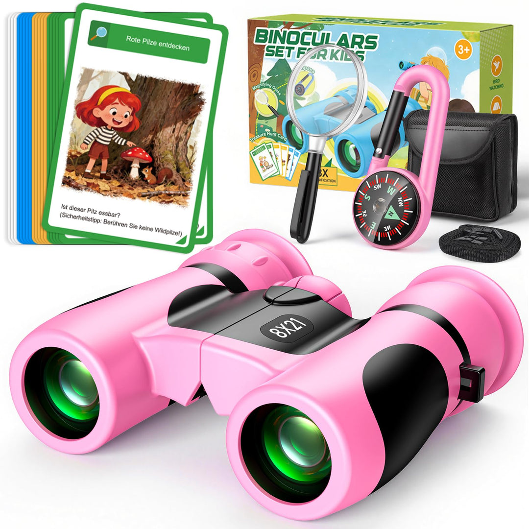 Fernglas für Kinder 8X21 mit Lupe & Kompass & Entdeckerkarten - Geschenk Mädchen 3-10 Jahre, Outdoor