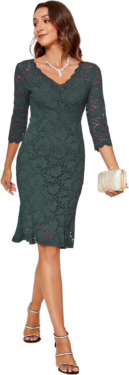 Atnlewhi Damen 3/4 Ärmel Kleid V-Ausschnitt Formeller Abend Bodycon Knielang Vintage Spitzenkleid El
