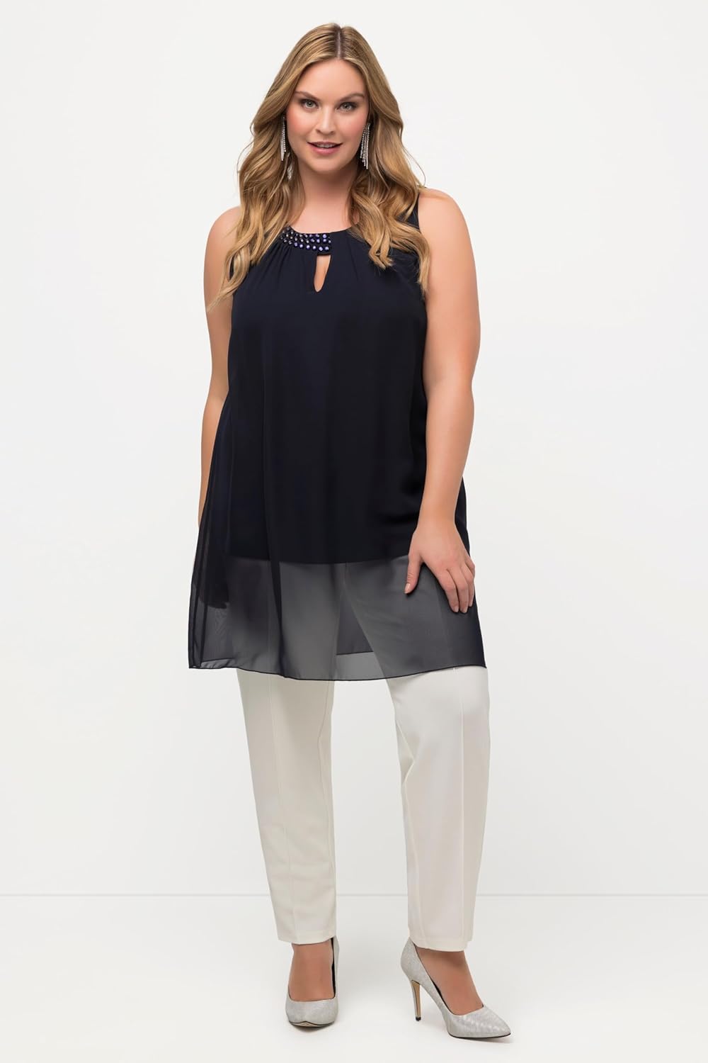 Ulla Popken Damen grosse Grössen Übergrössen Plus Size Longtunika, Ziersteine, A-Linie, Rundhals, är