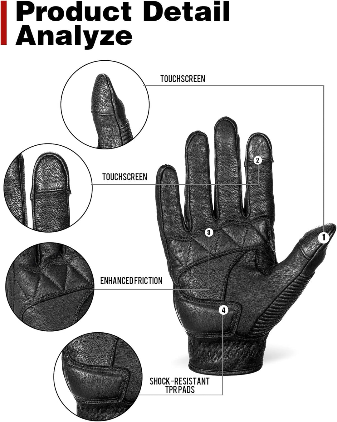 Grapelet Motorradhandschuhe aus Leder, Touchscreen-Motorradhandschuhe mit Knöchelschutz aus PU-Mater