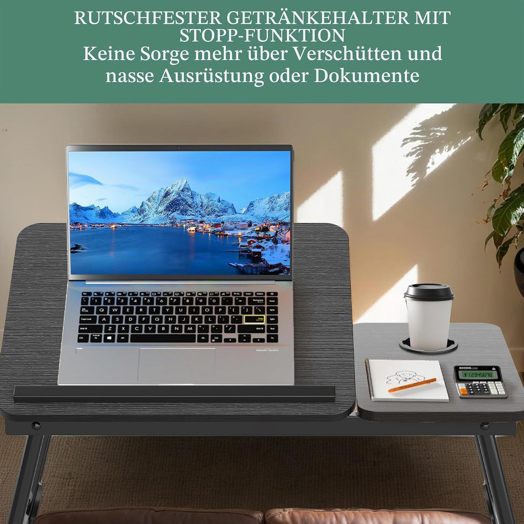 Soontrans Laptoptisch 63x27x33CM, Laptop Tisch mit Winkelverstellbar und Cup Slot, MDF, Betttisch mi
