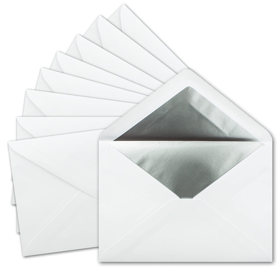 300x DIN C5 Kuverts 15,7 x 22,5 cm in weiss mit silbernem Seidenfutter - Nassklebung - Blanko Brief-