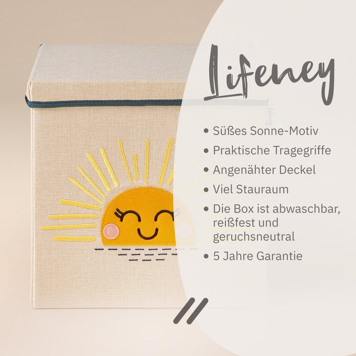 Aufbewahrungsbox mit Deckel und Sonne I Spielzeugbox mit Motiv passend für Würfelregale I Ordnungsbo