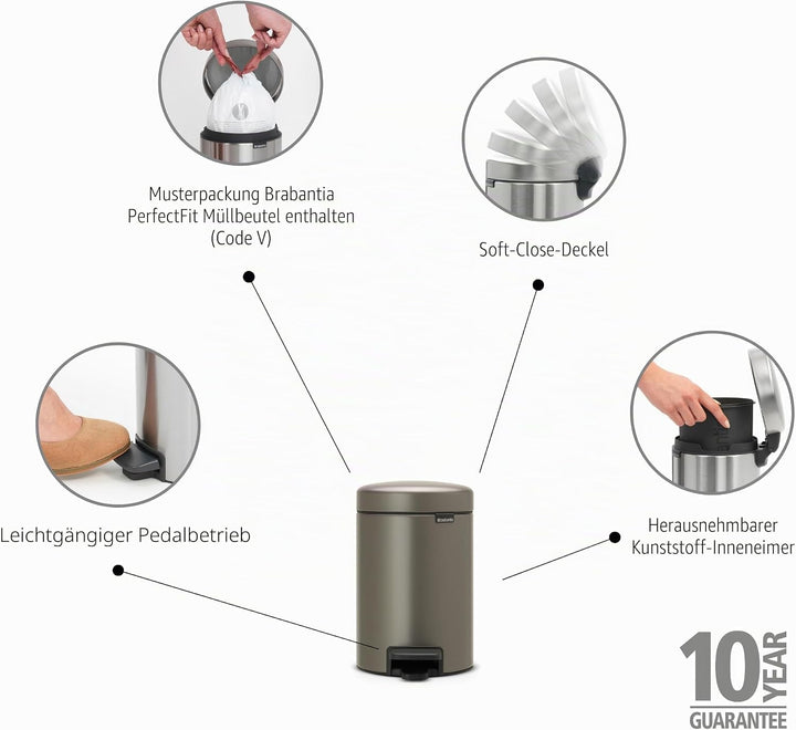 Brabantia Treteimer 3L, mit Inneneimer aus Kunststoff, stahl, Platinum 3 Liter Platinum, 3 Liter Pla