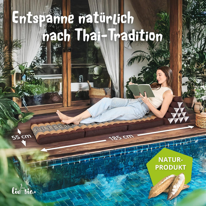 livasia Thaikissen 3 Auflagen extrahoch - 185x55x8cm - Dreieckskissen mit Klappmatratze, Kapok, Jumb
