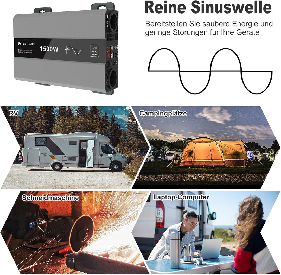 DATOUBOSS Wechselrichter 12v auf 230v Reiner Sinus 1500w/3000w, Spannungswandler 12v 230v 1500w Rein