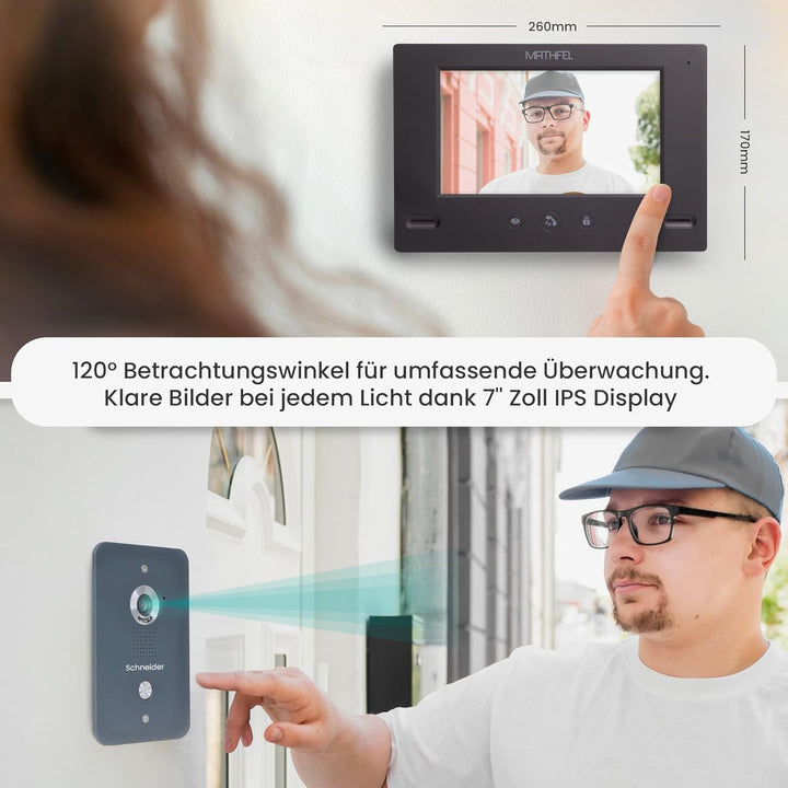Mathfel Video Türsprechanlage mit Kamera und Türöffner, 7'' Farbmonitor, 4-Draht-Technik - Türklinge
