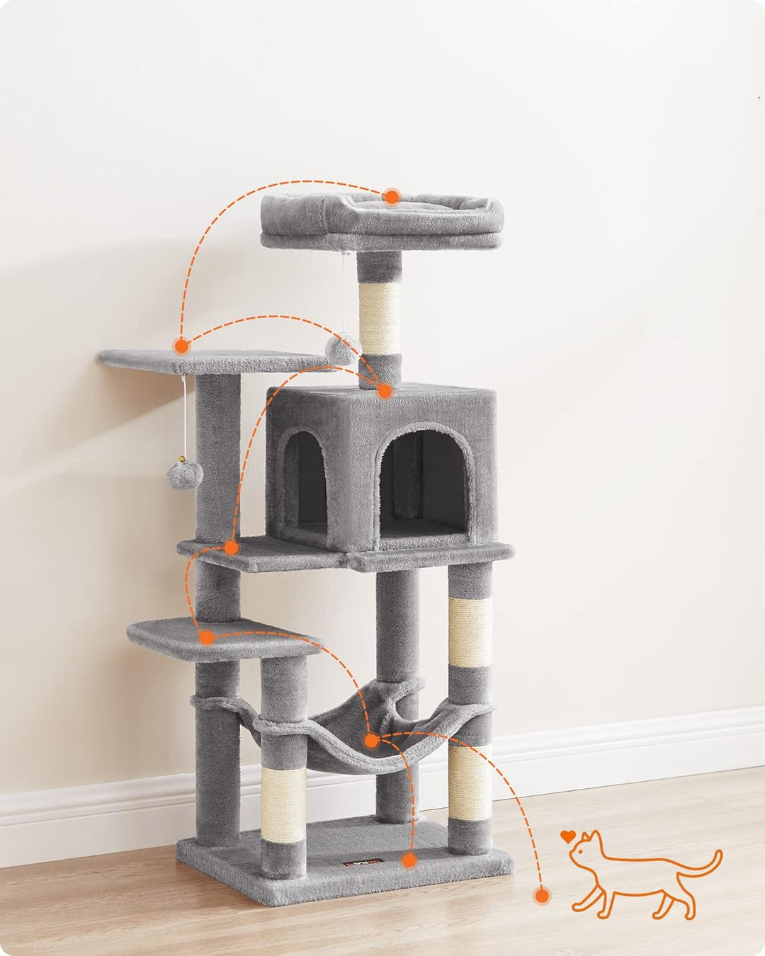 Feandrea Kratzbaum, 112 cm hoch, Katzenbaum, mehrstöckiges Katzenhaus, mit 4 Kratzsäulen, 2 Plattfor
