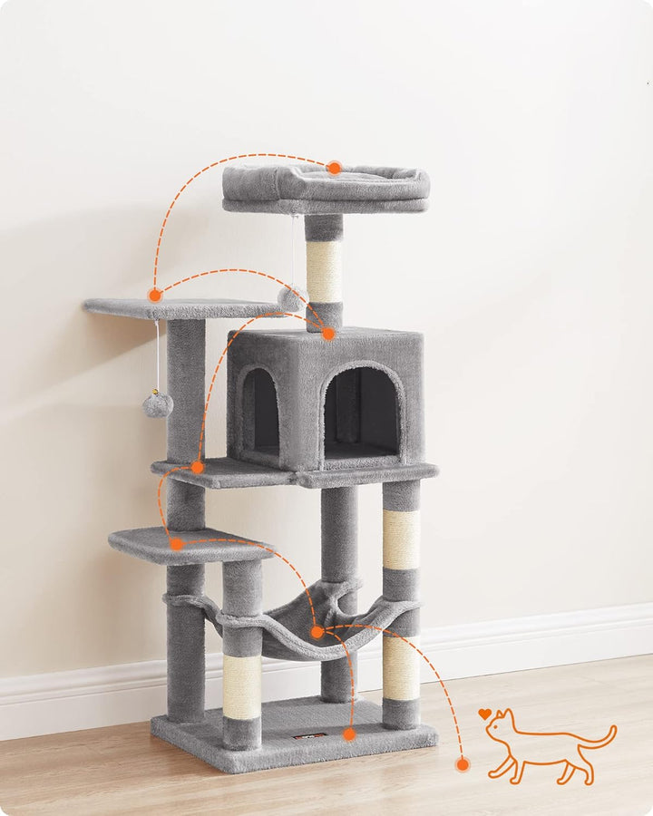 Feandrea Kratzbaum, 112 cm hoch, Katzenbaum, mehrstöckiges Katzenhaus, mit 4 Kratzsäulen, 2 Plattfor