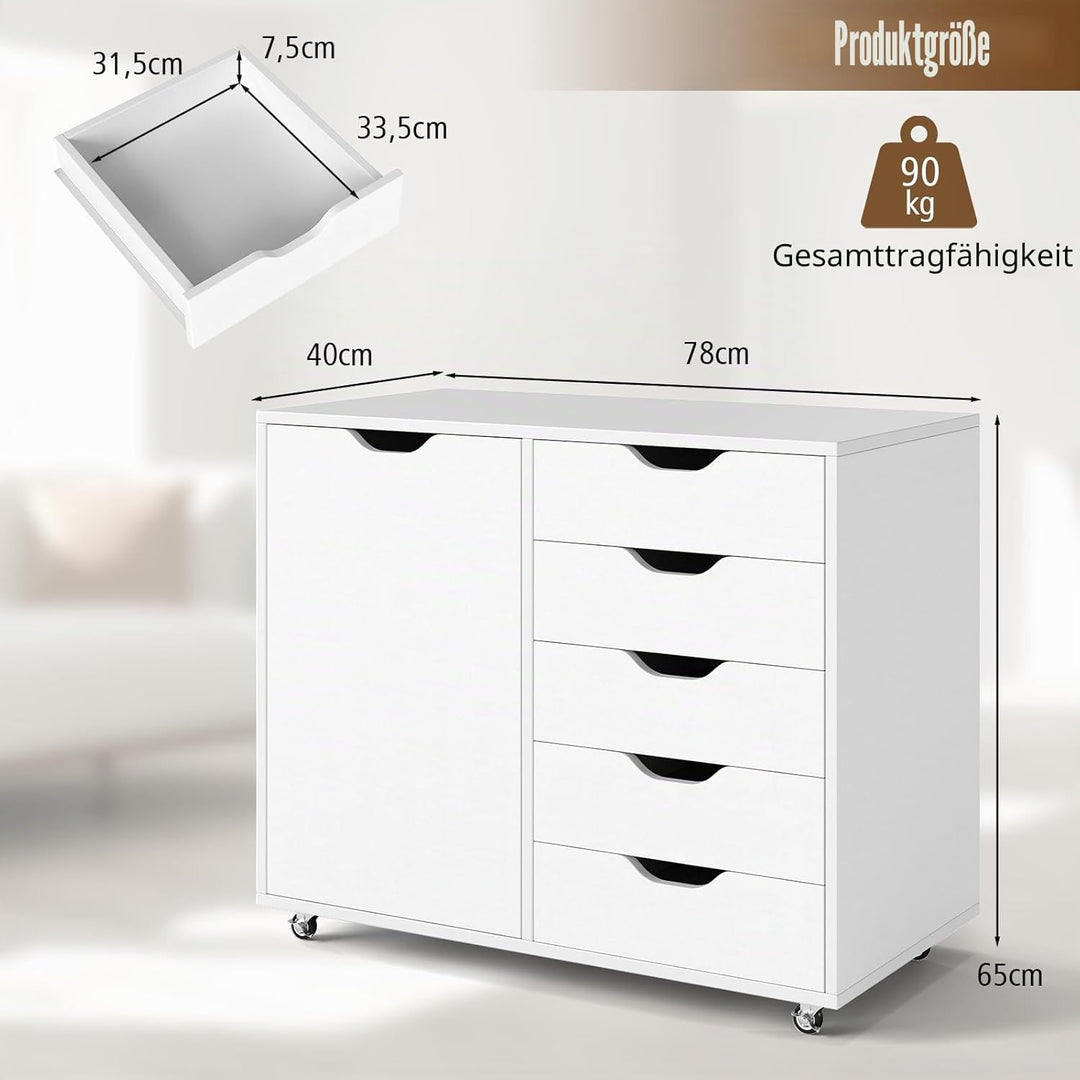 GIANTEX Rollcontainer mit 5 Schubladen &amp; Schrank, Aktenschrank mit Rollen, Schubladenschrank Holz un