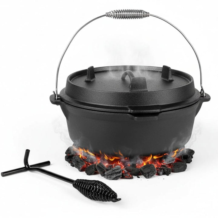 Melko BBQ Dutch Oven mit Deckel und Deckelheber aus Gusseisen, Topf zum Grillen, Braten, Garen, Back