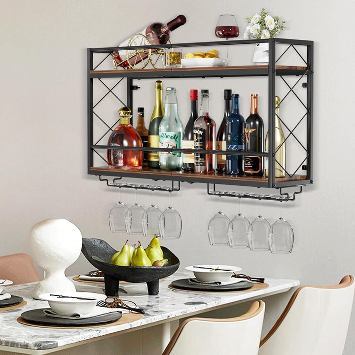 Weinregal, Wandhalterung, 2 Etagen, Wand-Weinregal mit Glashalter, Anti-Drop-Querstange, 80 cm, Meta