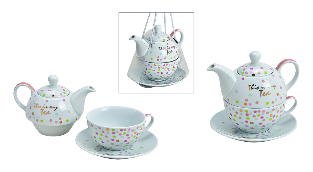 Teekannen-Set This is My Tea, Punkten Dekor, aus Porzellan Weiss 3er Set, (B/H/T) 15x16x15cm 400ml,