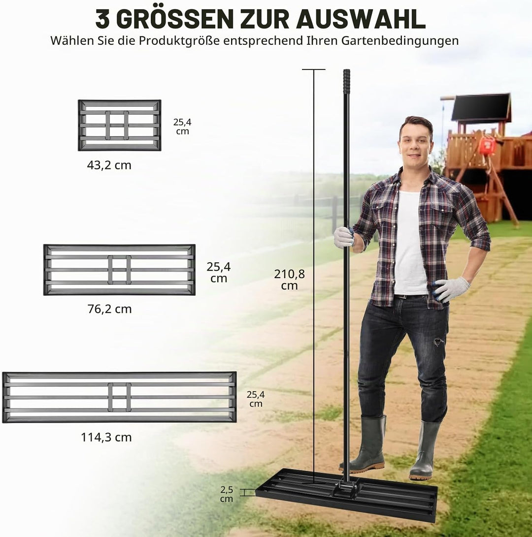 Garten Rasen-Nivellierungsrechen Edelstahl 75x25 cm mit Stiel – Robuster Nivellierrechen für Rasen,