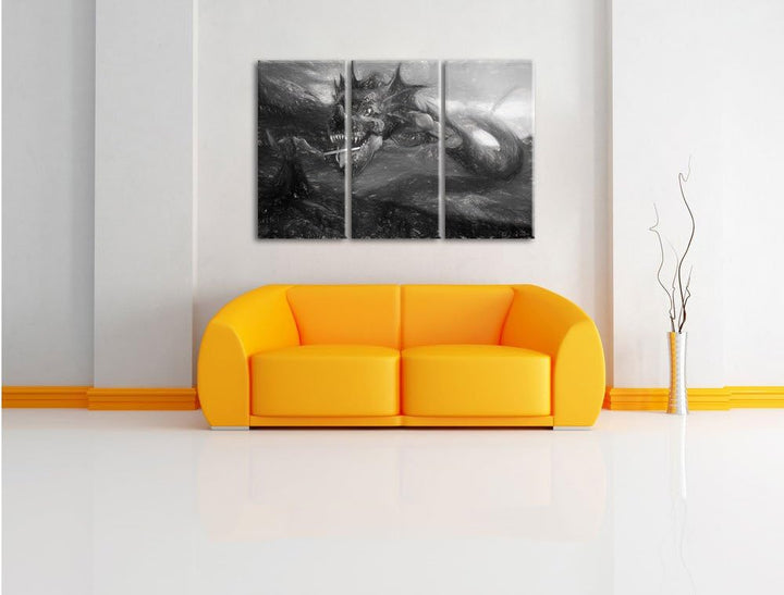 Pixxprint Drache kämpft gegen Krieger als Leinwandbild/Grösse: 3 Teilig (120x80 cm) cm/Wandbild/Kuns