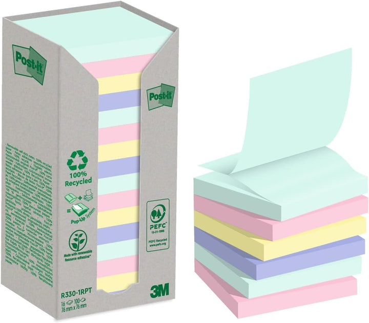 Post-it Recycling Notes, Assortierte Farben, Packung mit 16 Blöcken, 100 Blatt pro Block, 76 mm x 76
