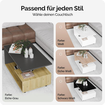 Casaria® Couchtisch Grau Holz Modern mit Stauraum 95x55cm Edelstahl Füsse Rund Höhenverstellbar Abla