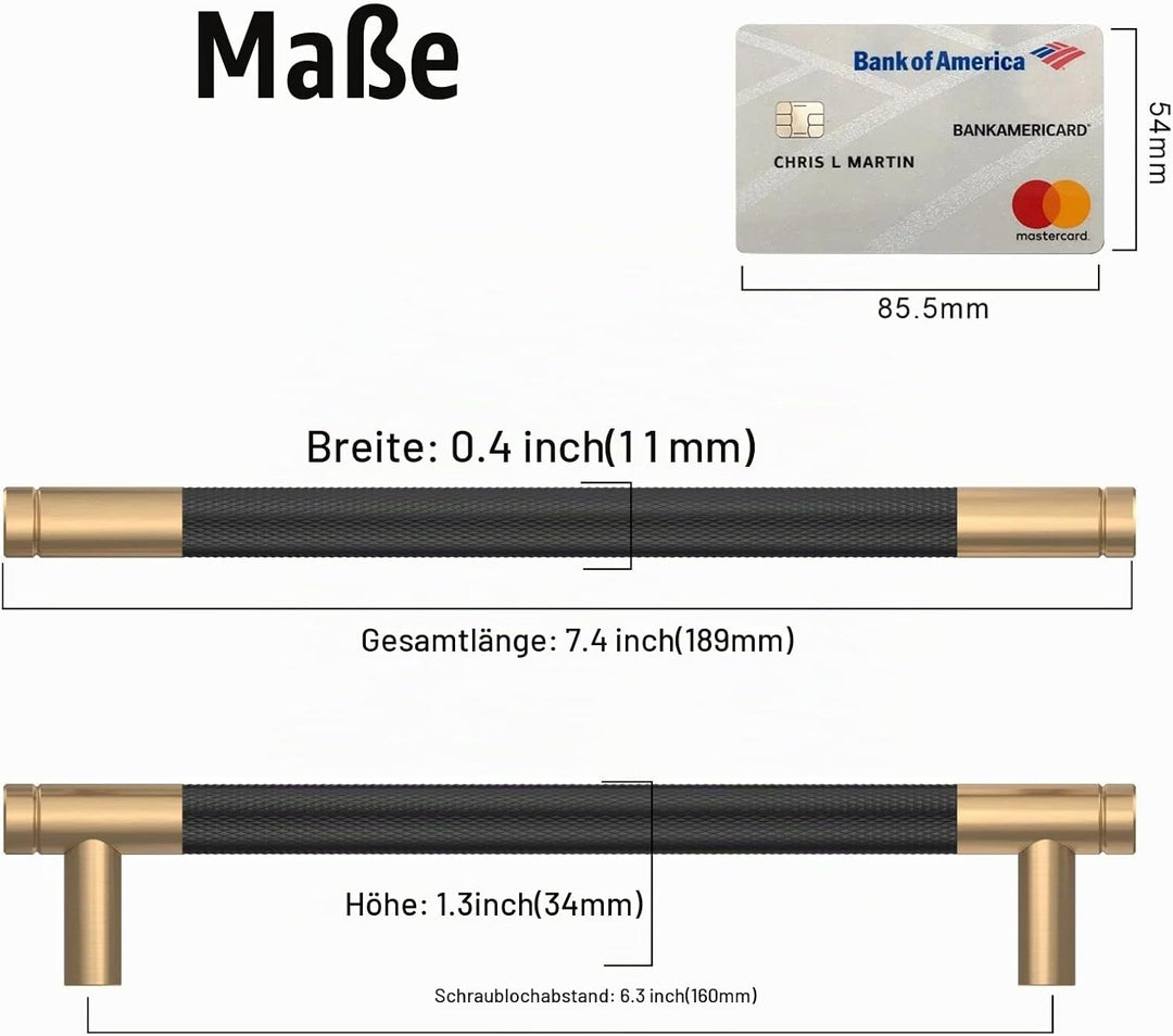 Amerdeco 10 Stück Gerändelte Schrankgriffe schwarzes Gold Griffe Möbel Möbelgriffe 160mm Lochabstand