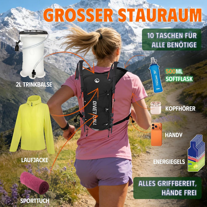 Laufweste Damen mit 2L TPU Trinkblase/500ml Trinkflasche, Leichter Trinkrucksack Laufen Herren 6L, R