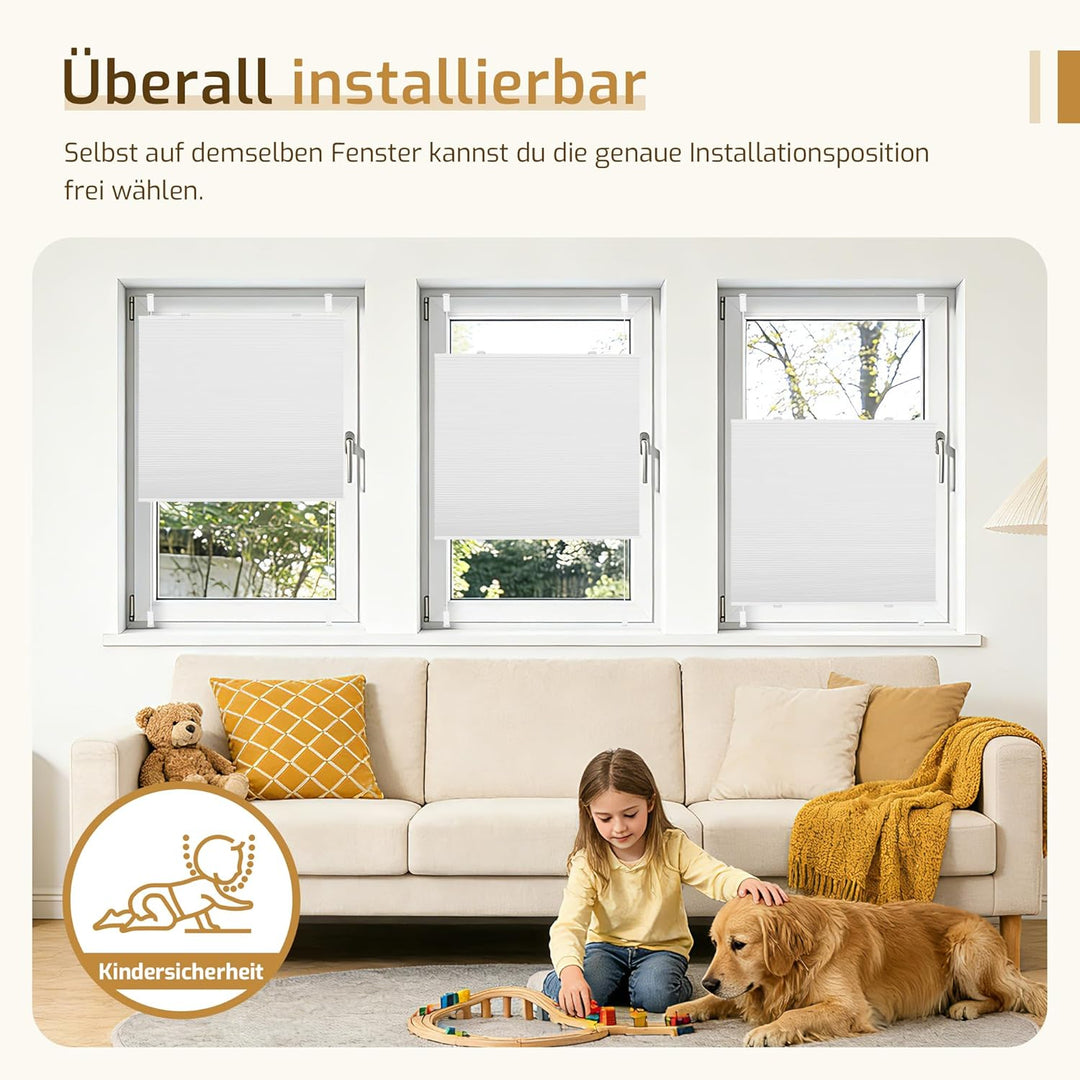 Grandekor Verdunklungsplissee Wabenplissee ohne Bohren Weiss-Weiss 40x110cm (BxH) Klemmfix Plissee o