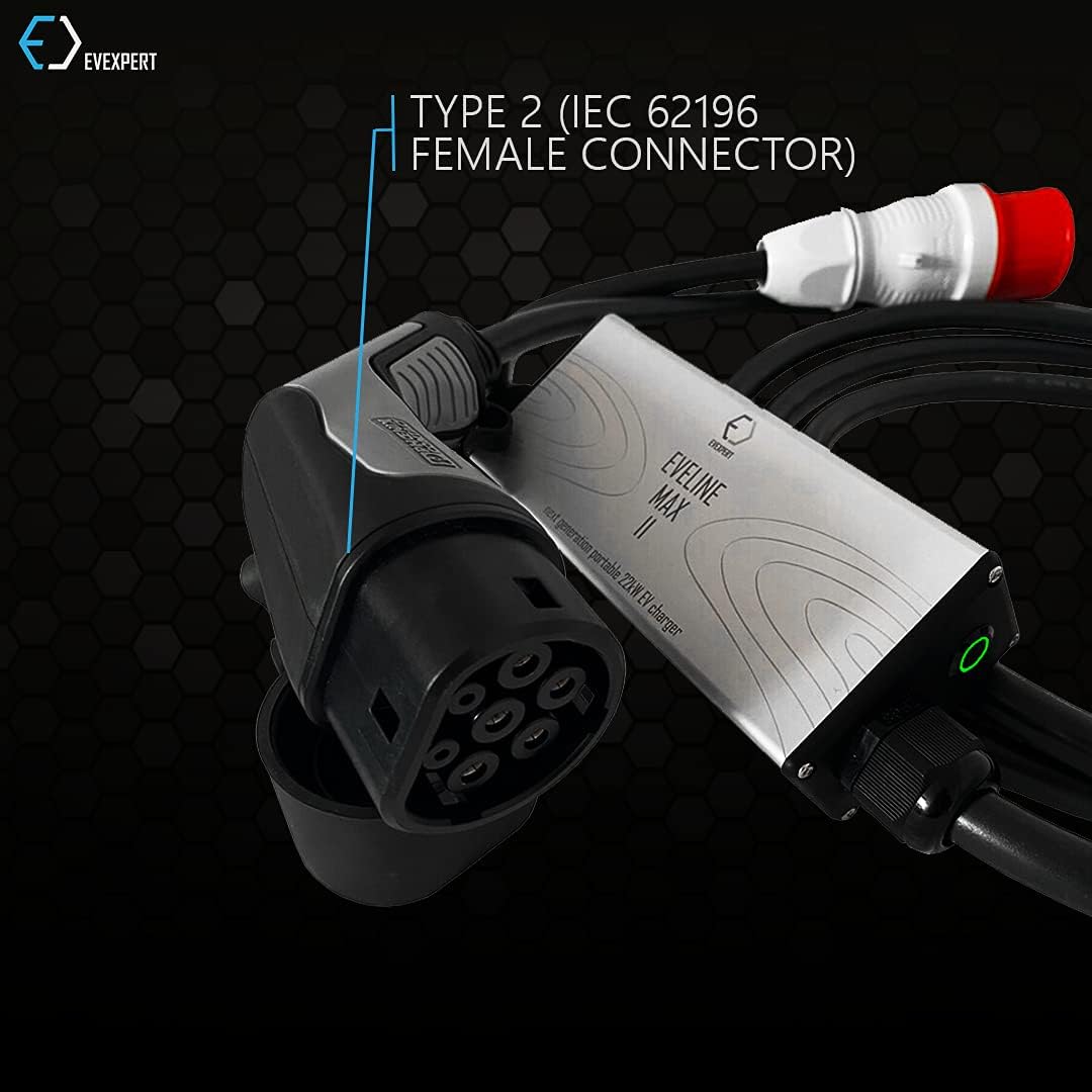 Eveline Max II Smart tragbares Ladegerät Typ2 - CEE 5-pin (RCD FI A-EV) | 16-32A | 3-phasig | 5-8M +