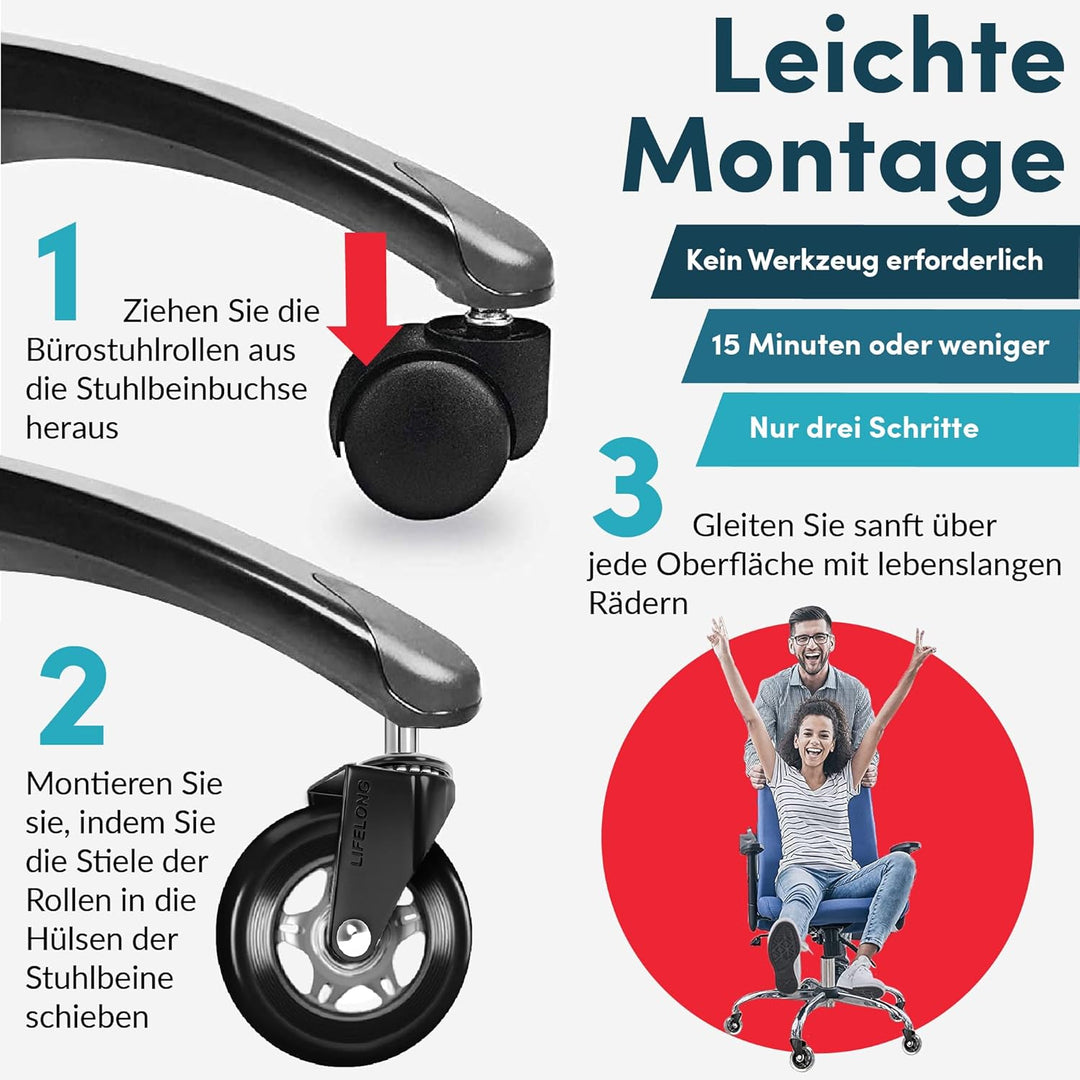 Bürostuhl Rollen 5er Set, Bürostuhl-Räder Ersatzrollen für Teppich- und Parkettböden, Strapazierfähi