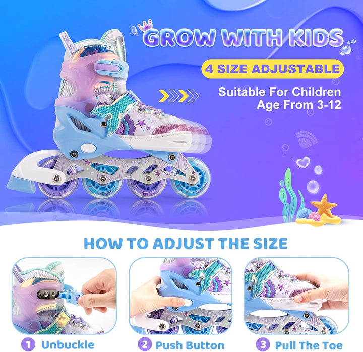 NEMONE Inliner für Mädchen Kinder 4 Grössen Verstellbar Blau Violett Inliner für Kinder Drinnen Drau