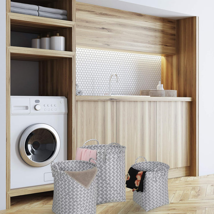 Relaxdays Wäschekorb geflochten, 3er Set Aufbewahrungskörbe, 3 Grössen, Spielzeugkorb mit Henkel, Ku