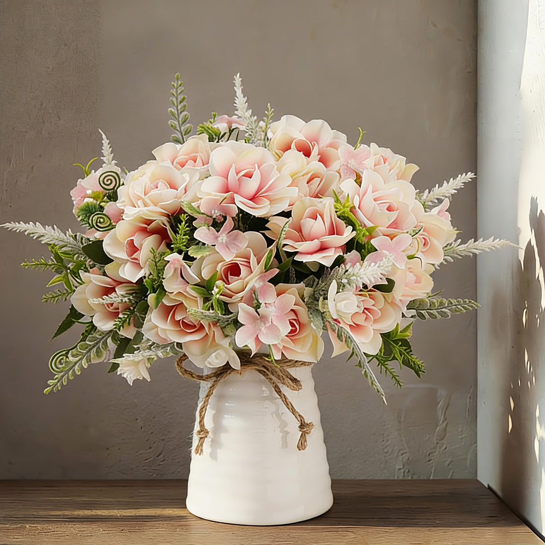 LESING Künstliche Blumen mit Vase, künstliche Seidenblumen in Vase, Gardenie, Blumen, Dekoration für