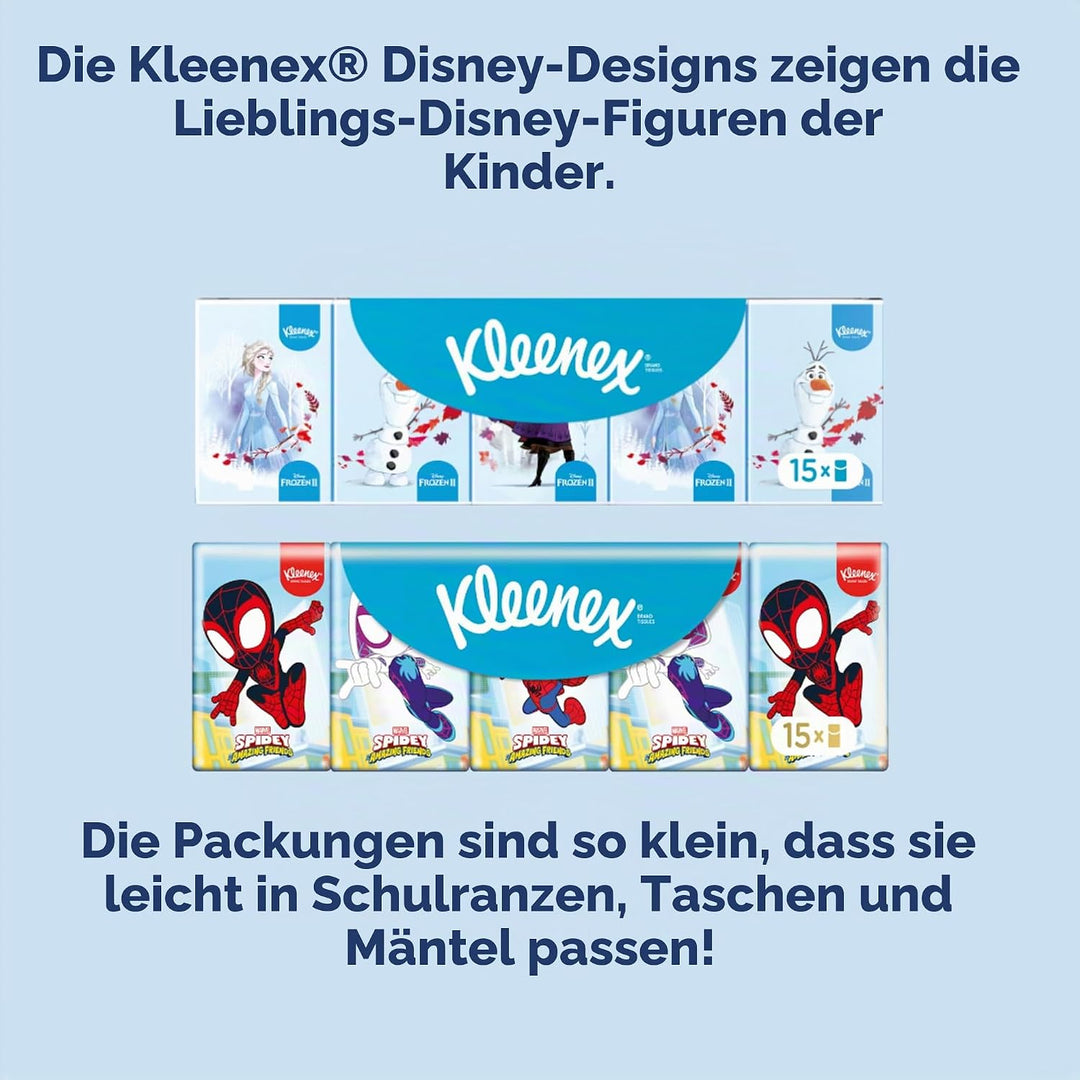 Kleenex Disney Mini-Taschentücher für Kinder, Marvel und Frozen Mix, 4-lagig, 15 x 20 Packungen à 7