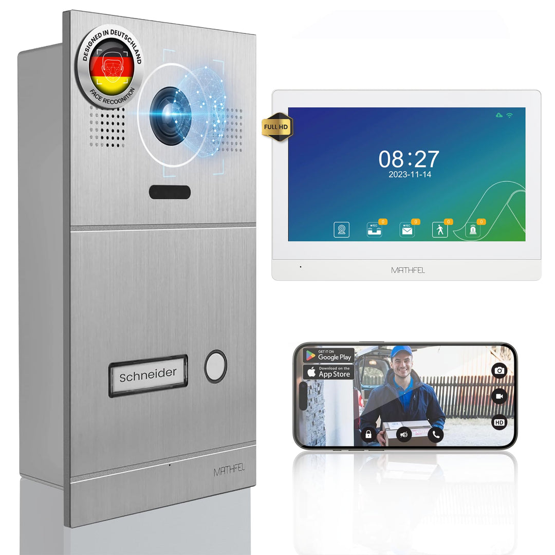 Mathfel 2-Draht IP Video-Türsprechanlage mit Türöffner – Full-HD Kamera, 10" Monitor & App-Steuerung