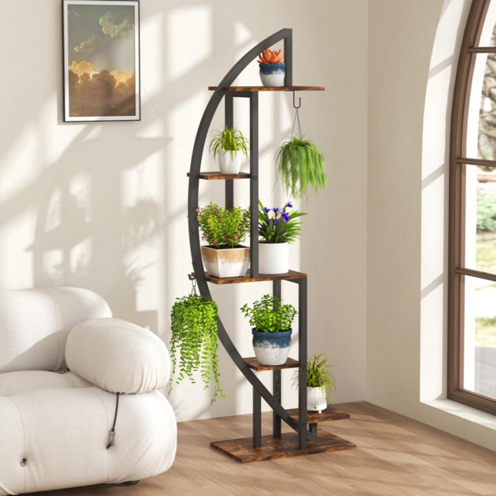 6 Ebenen Pflanzenständer mit Wachstumslicht, Grosses Blumenständer 160cm Hoch, Metall-Holz Pflanzenr