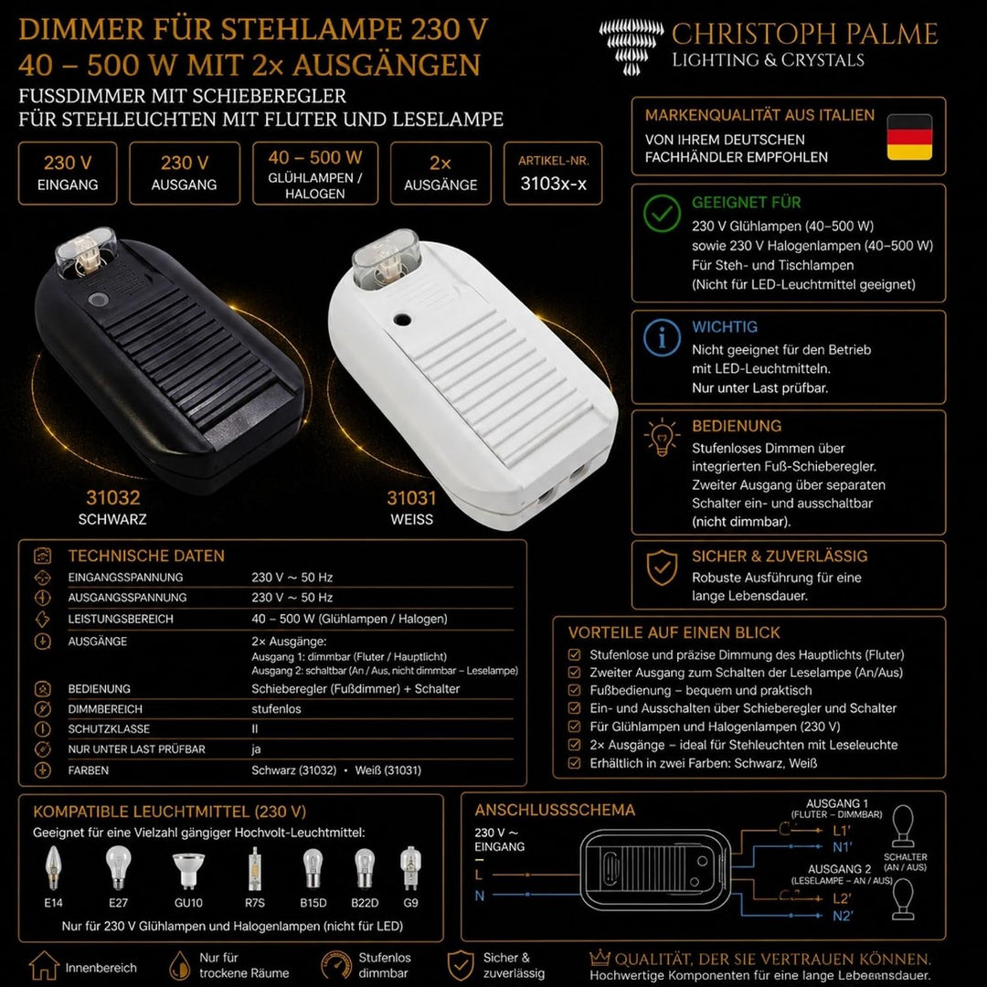 Fussdimmer 40-500W Schwarz Universal-Dimmer mit zwei Ausgängen für Glühlampen und Halogen mit Schieb
