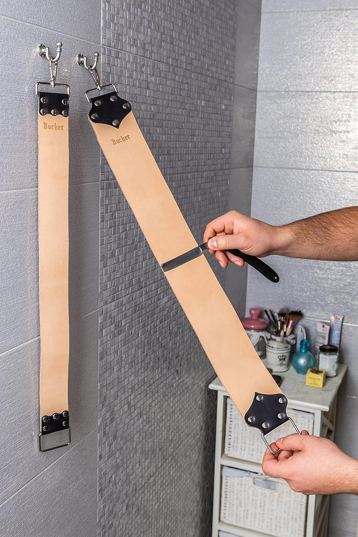 Bacher Premium Leder Streichriemen Breit zum Schärfen von Rasiermesser Set mit Polierpaste für Abzie