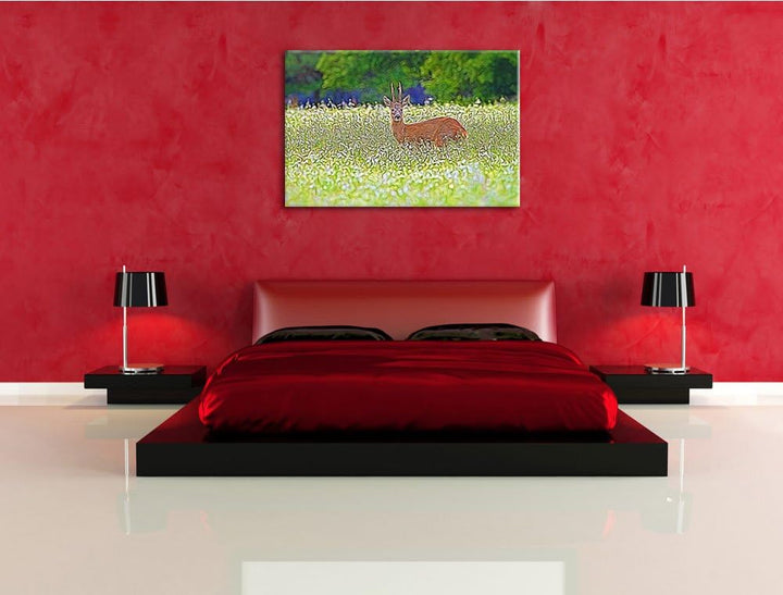junger Hirsch auf Wildwiese NewArt Format: 100x70 cm auf Leinwand, XXL riesige Bilder fertig gerahmt