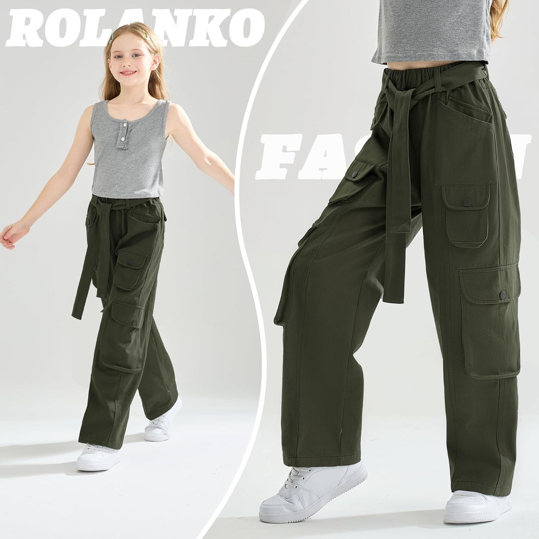Rolanko Baggy Cargo Jeans für Mädchen, Elastische Hose mit Hoher Taille und Weitem Bein Y2K Jeanshos