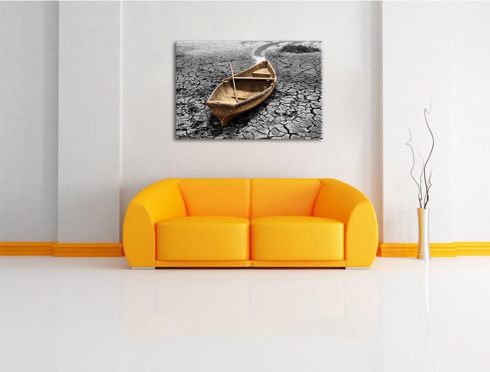 Ausgetrockenter Fluss mit Boot schwarz/weiss Format: 100x70 cm auf Leinwand, XXL riesige Bilder fert