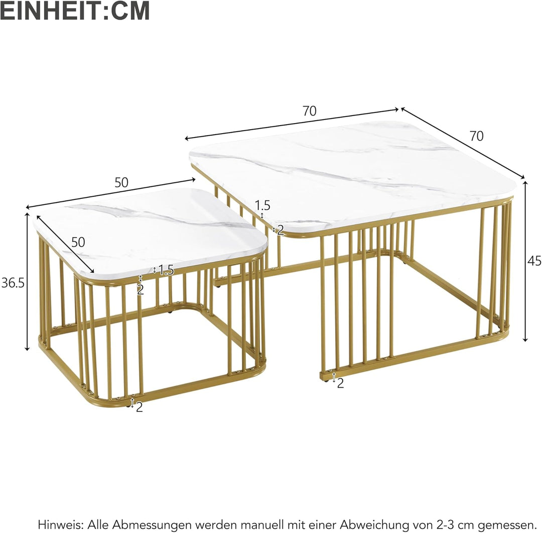 Merax Quadratisch Couchtisch 2er Set, Moderne Wohnzimmertisch mit Marmor Furnier, Hochglanz Satztisc