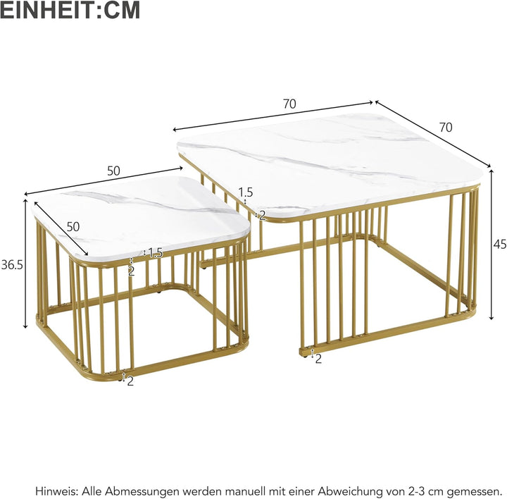 Merax Quadratisch Couchtisch 2er Set, Moderne Wohnzimmertisch mit Marmor Furnier, Hochglanz Satztisc