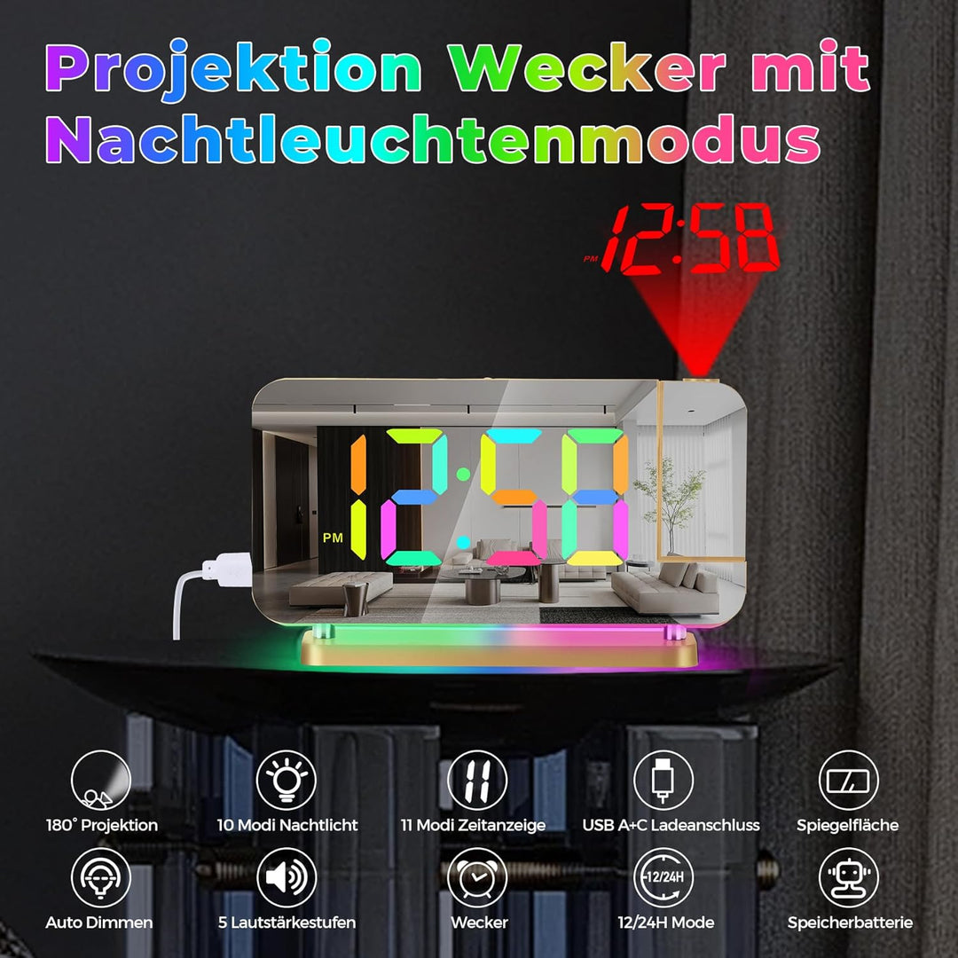 U-picks Projektionswecker,Wecker Digital,7.4" LED-Spiegeluhr mit um 180°Drehbarem Projektor,11 RGB-F
