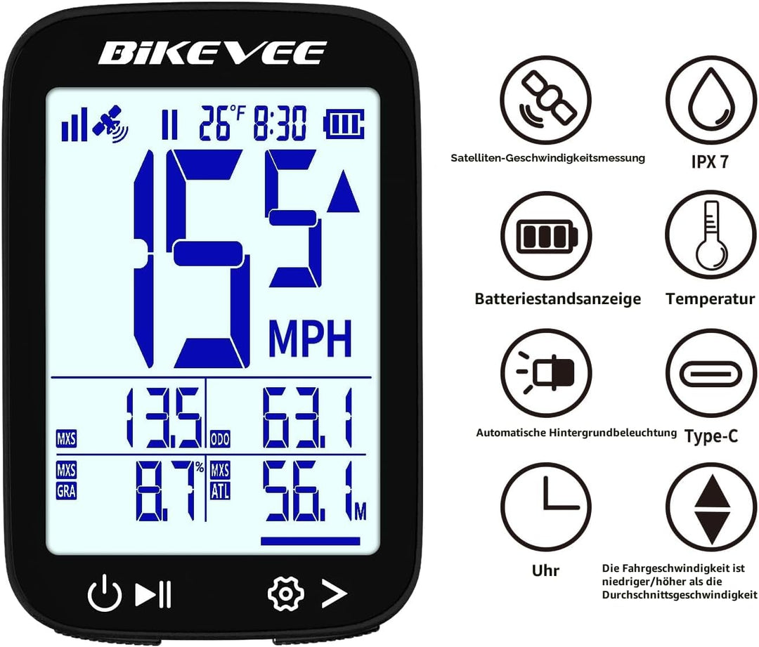 GPS Fahrradcomputer Kabellos Wasserdicht 2.4 Zoll FSTN Display IPX7 28h Akkulaufzeit Leichtes Fahrra