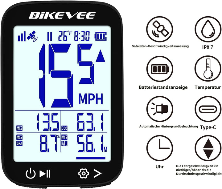 GPS Fahrradcomputer Kabellos Wasserdicht 2.4 Zoll FSTN Display IPX7 28h Akkulaufzeit Leichtes Fahrra
