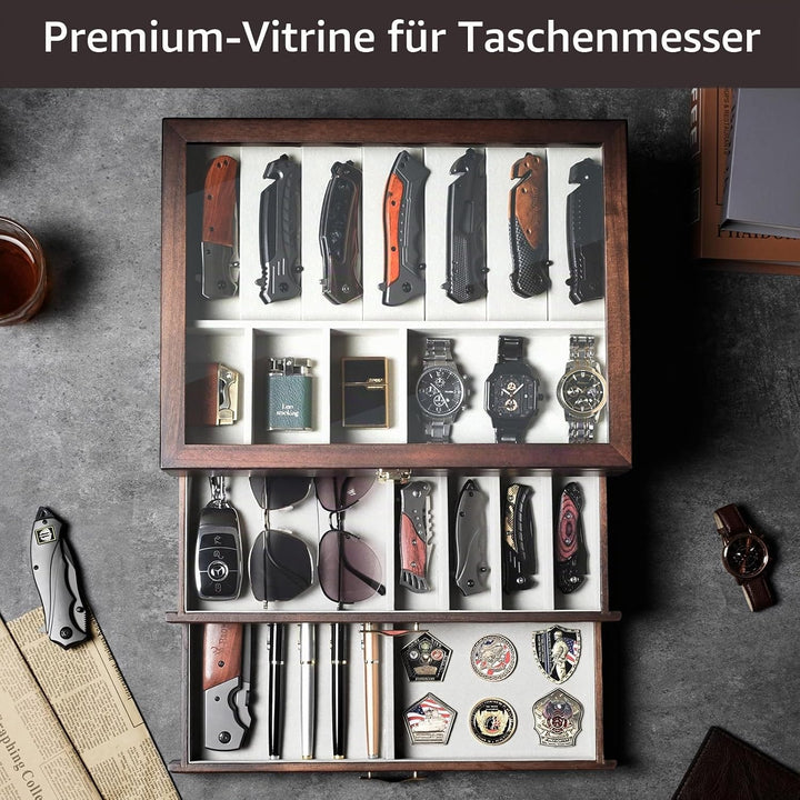 3-stöckige Messerhalter, Holz Messerständer für 17–23 Taschenmesser-Vitrine, Taschenmesser-Sammlung