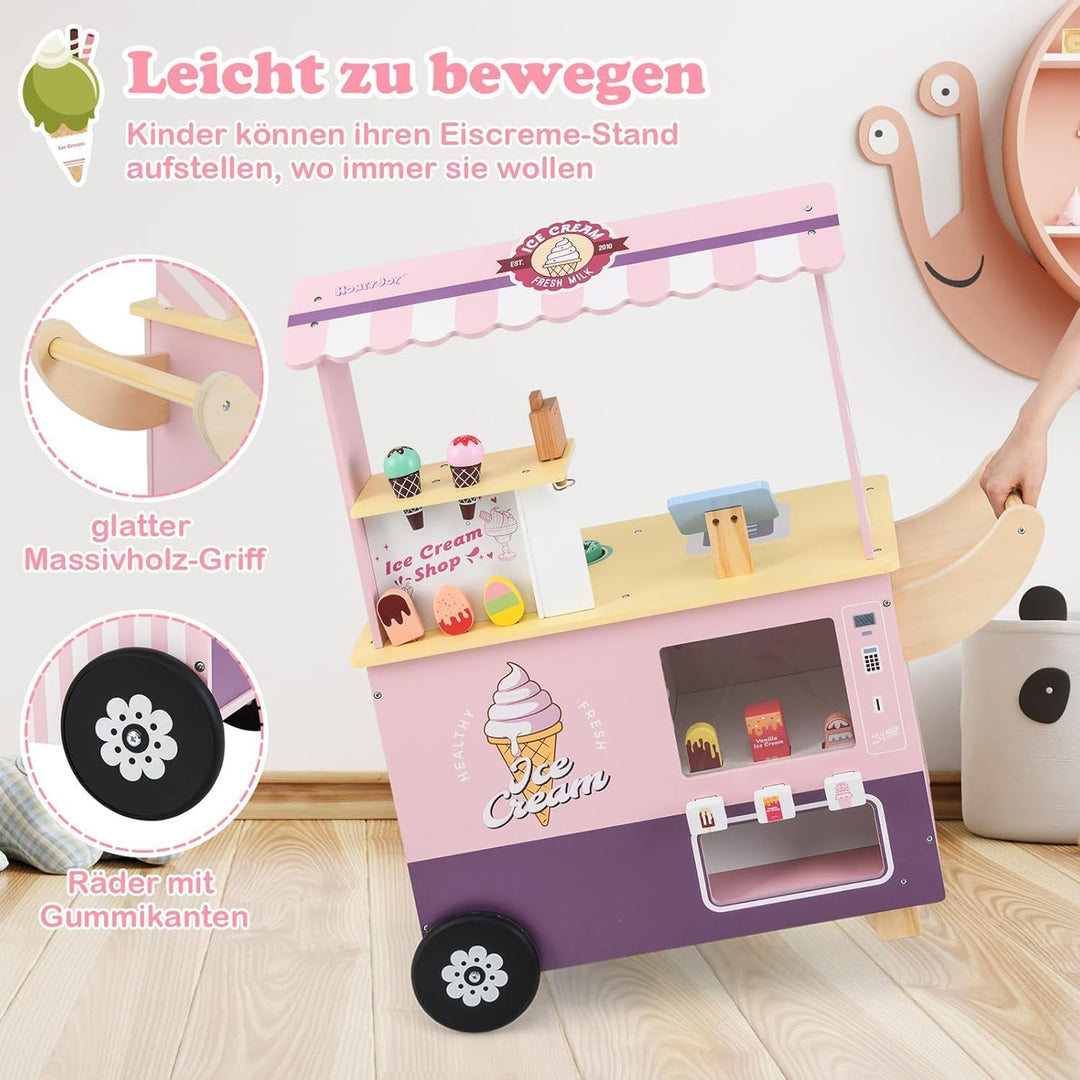 FANTASK Eiswagen Kinder Rosa mit 15 Zubehör, Kaufladen Holz mit Eismaschine & Kasse & Scanner & Verk