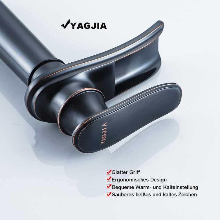 YAGJIA Wasserhahn Bad Schwarz Wasserfall, Waschtischarmatur Hoch Retro, Waschbecken Armaturen Messin