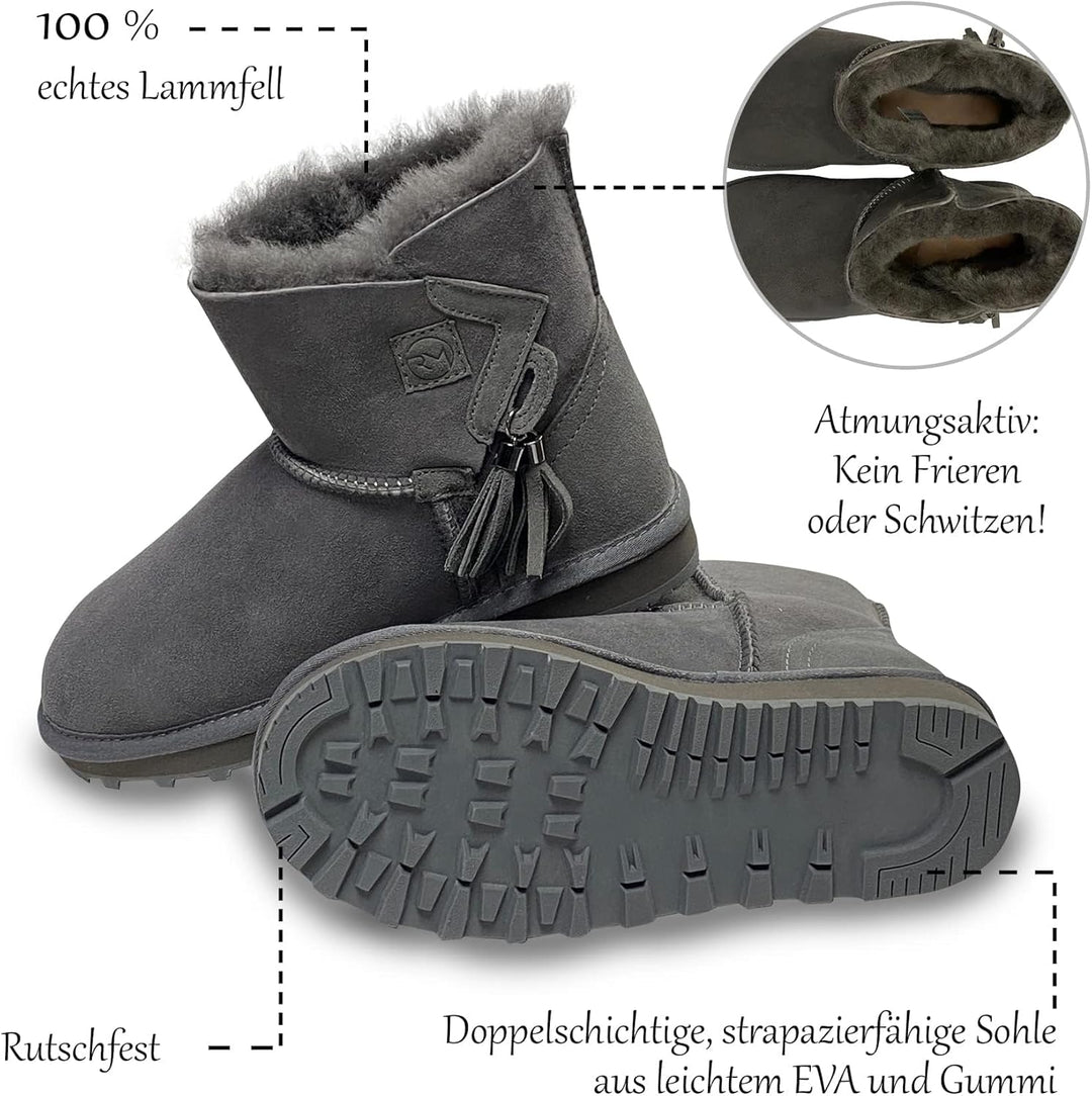 Rohn Lammfell Boots Stockholm, Winter-Stiefel aus 100% Lammfell, warme Schneeschuhe 37 EU Grau, 37 E