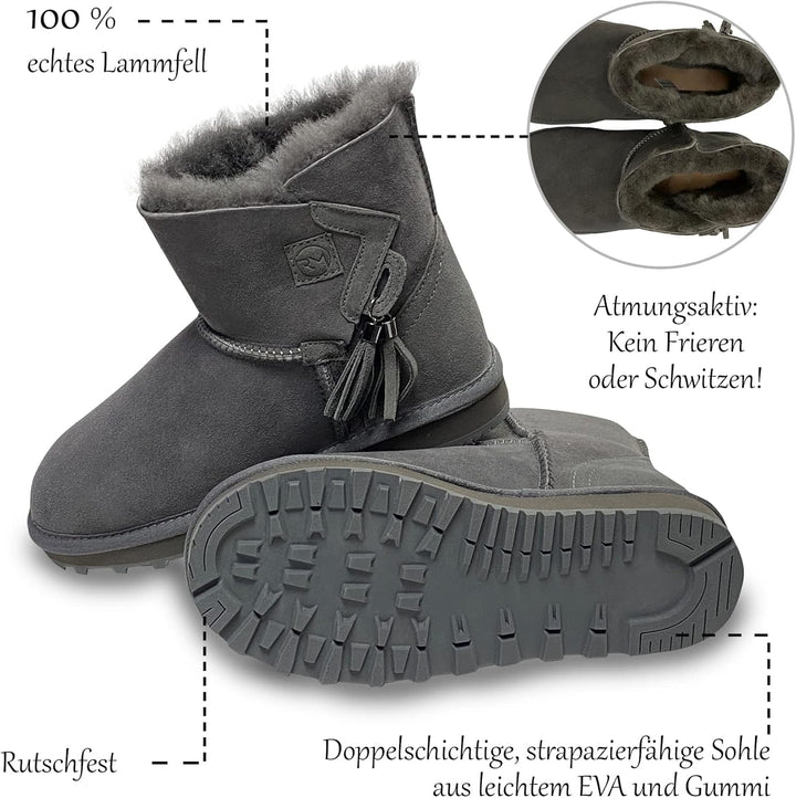 Rohn Lammfell Boots Stockholm, Winter-Stiefel aus 100% Lammfell, warme Schneeschuhe 37 EU Grau, 37 E