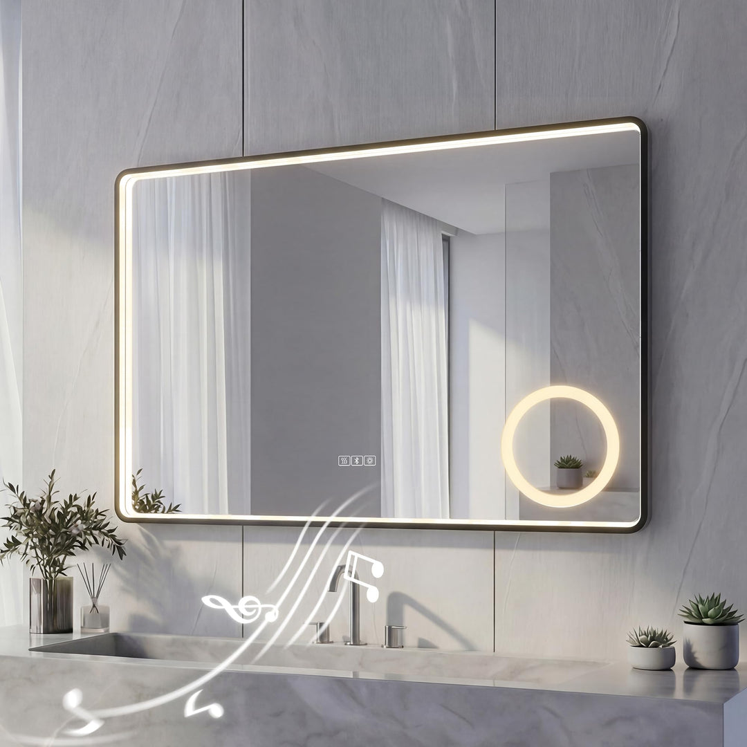 LED Badspiegel mit Aluminiumrahmen & Bluetooth, 5mm Kupferfreier HD Silber-Spiegel, 3 Lichtfarben Di