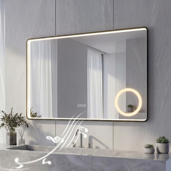 LED Badspiegel mit Aluminiumrahmen & Bluetooth, 5mm Kupferfreier HD Silber-Spiegel, 3 Lichtfarben Di