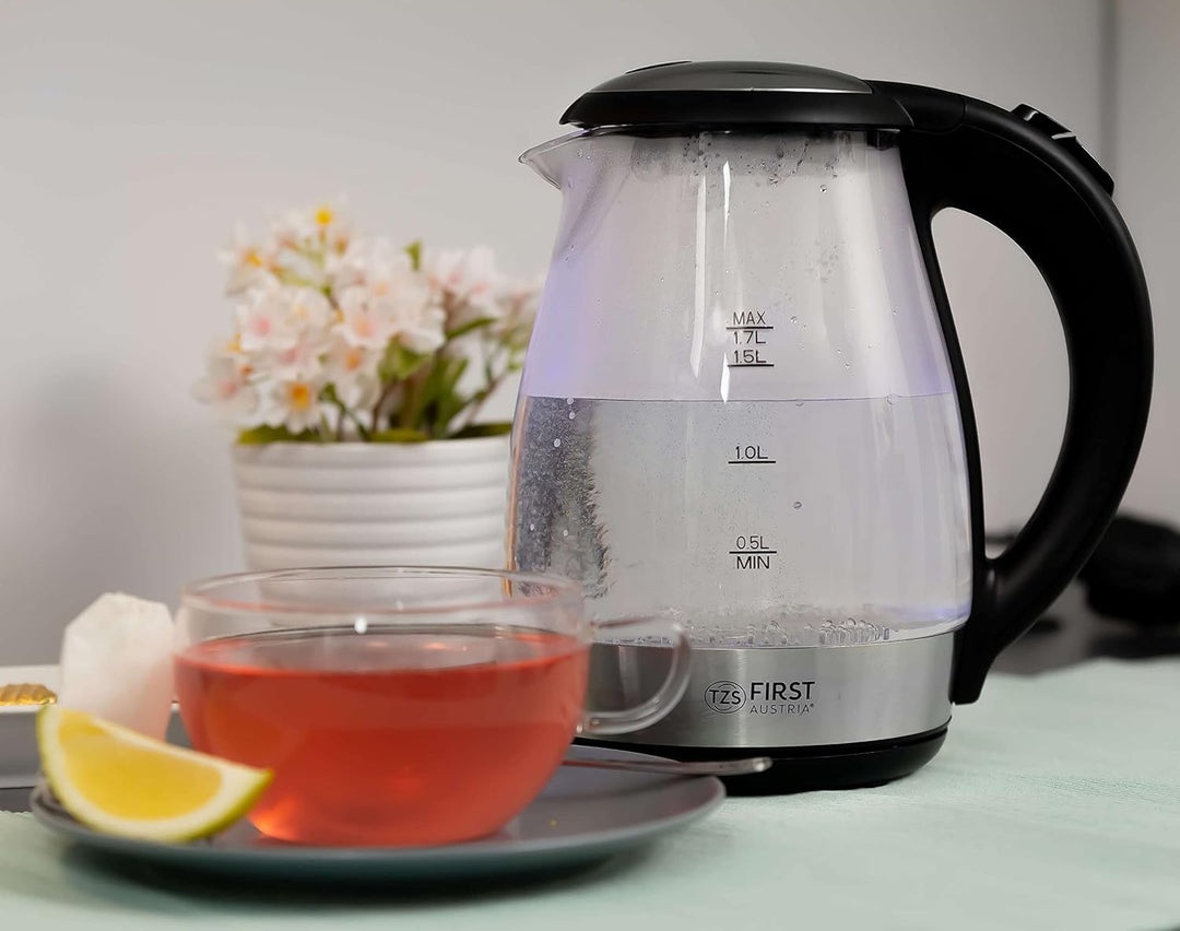 TZS First Austria Glas Wasserkocher 1,7 L, mit Kalkfilter, 2200 Watt, LED Innenbeleuchtung, kabellos